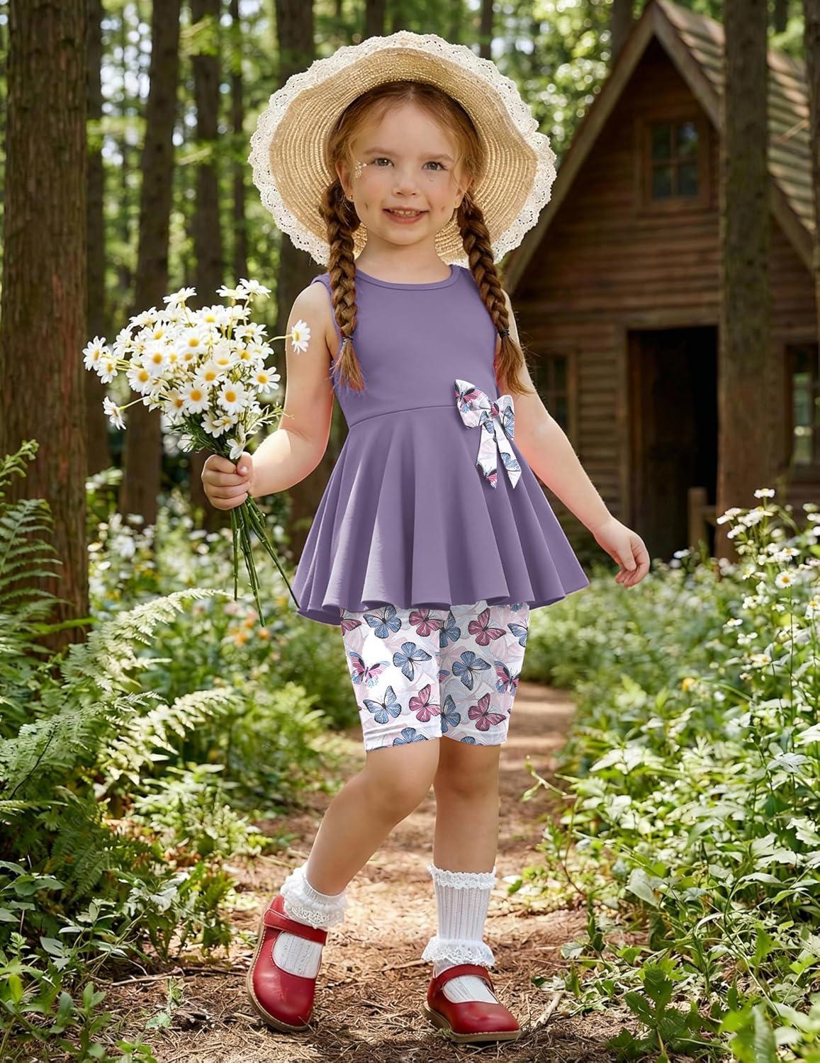 image:imageArshiner Toddler Girl Clothes 2 Piece Bowknot Sleeveless Top Dress and Leggings Shorts Set Kids Summer OutfitsLight Purple Butterfly