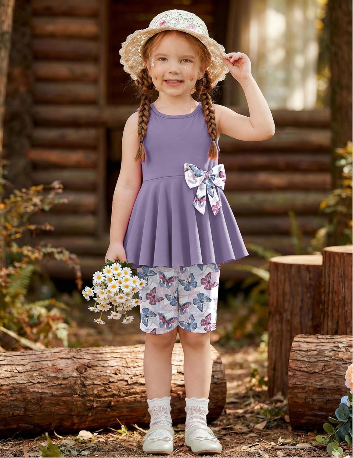image:imageArshiner Toddler Girl Clothes 2 Piece Bowknot Sleeveless Top Dress and Leggings Shorts Set Kids Summer OutfitsLight Purple Butterfly
