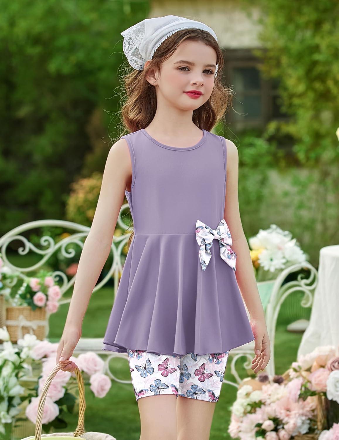 image:imageArshiner Toddler Girl Clothes 2 Piece Bowknot Sleeveless Top Dress and Leggings Shorts Set Kids Summer OutfitsLight Purple Butterfly