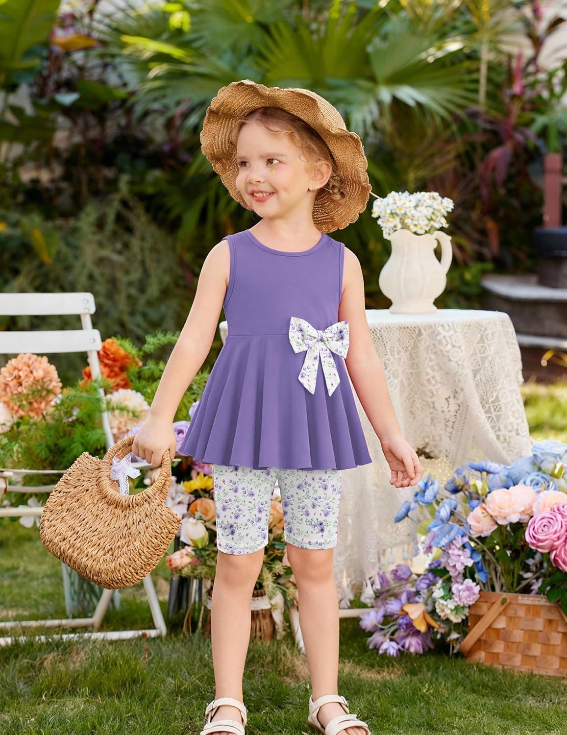 image:imageArshiner Toddler Girl Clothes 2 Piece Bowknot Sleeveless Top Dress and Leggings Shorts Set Kids Summer OutfitsLilac Flower