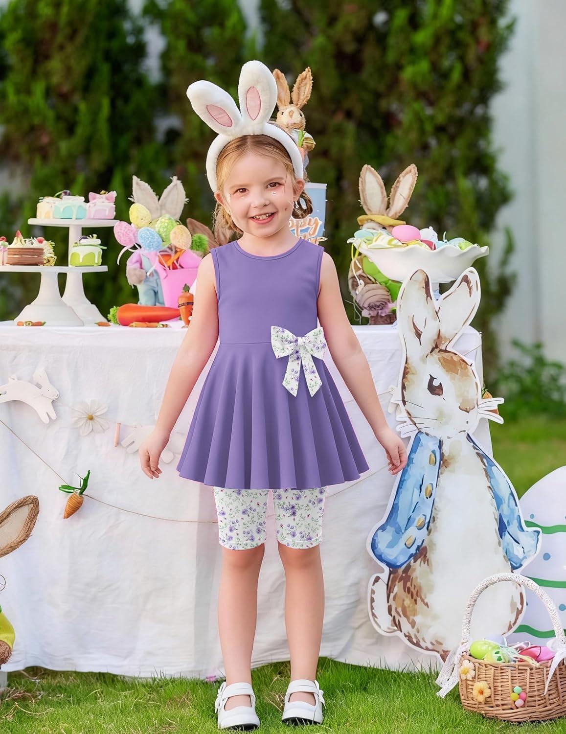 image:imageArshiner Toddler Girl Clothes 2 Piece Bowknot Sleeveless Top Dress and Leggings Shorts Set Kids Summer OutfitsLilac Flower