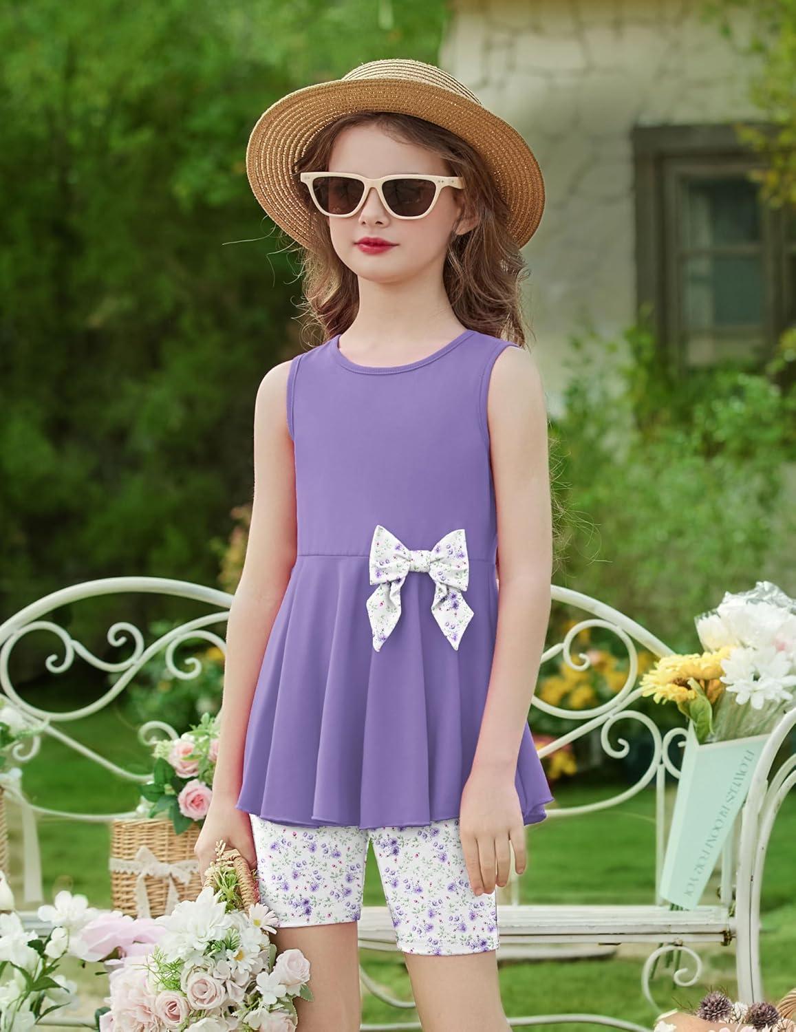 image:imageArshiner Toddler Girl Clothes 2 Piece Bowknot Sleeveless Top Dress and Leggings Shorts Set Kids Summer OutfitsLilac Flower
