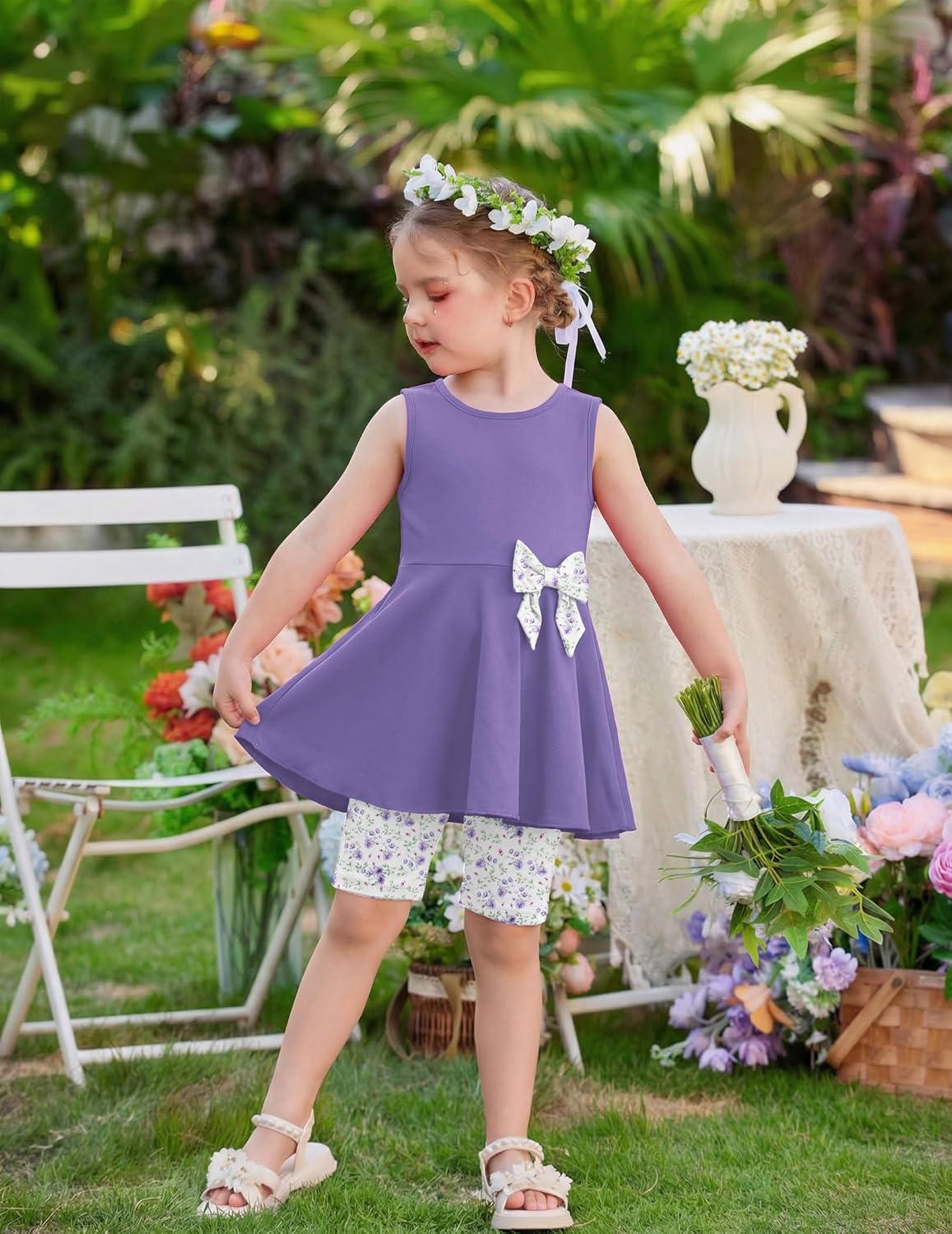 image:imageArshiner Toddler Girl Clothes 2 Piece Bowknot Sleeveless Top Dress and Leggings Shorts Set Kids Summer OutfitsLilac Flower