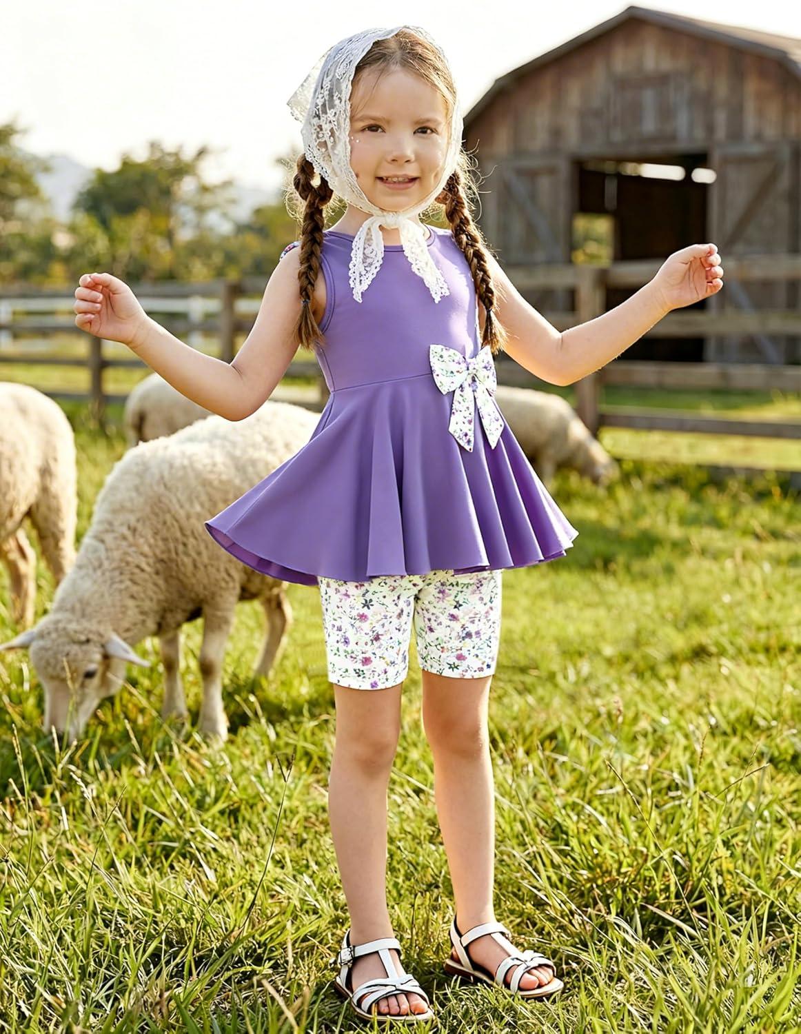 image:imageArshiner Toddler Girl Clothes 2 Piece Bowknot Sleeveless Top Dress and Leggings Shorts Set Kids Summer OutfitsLilac Flower