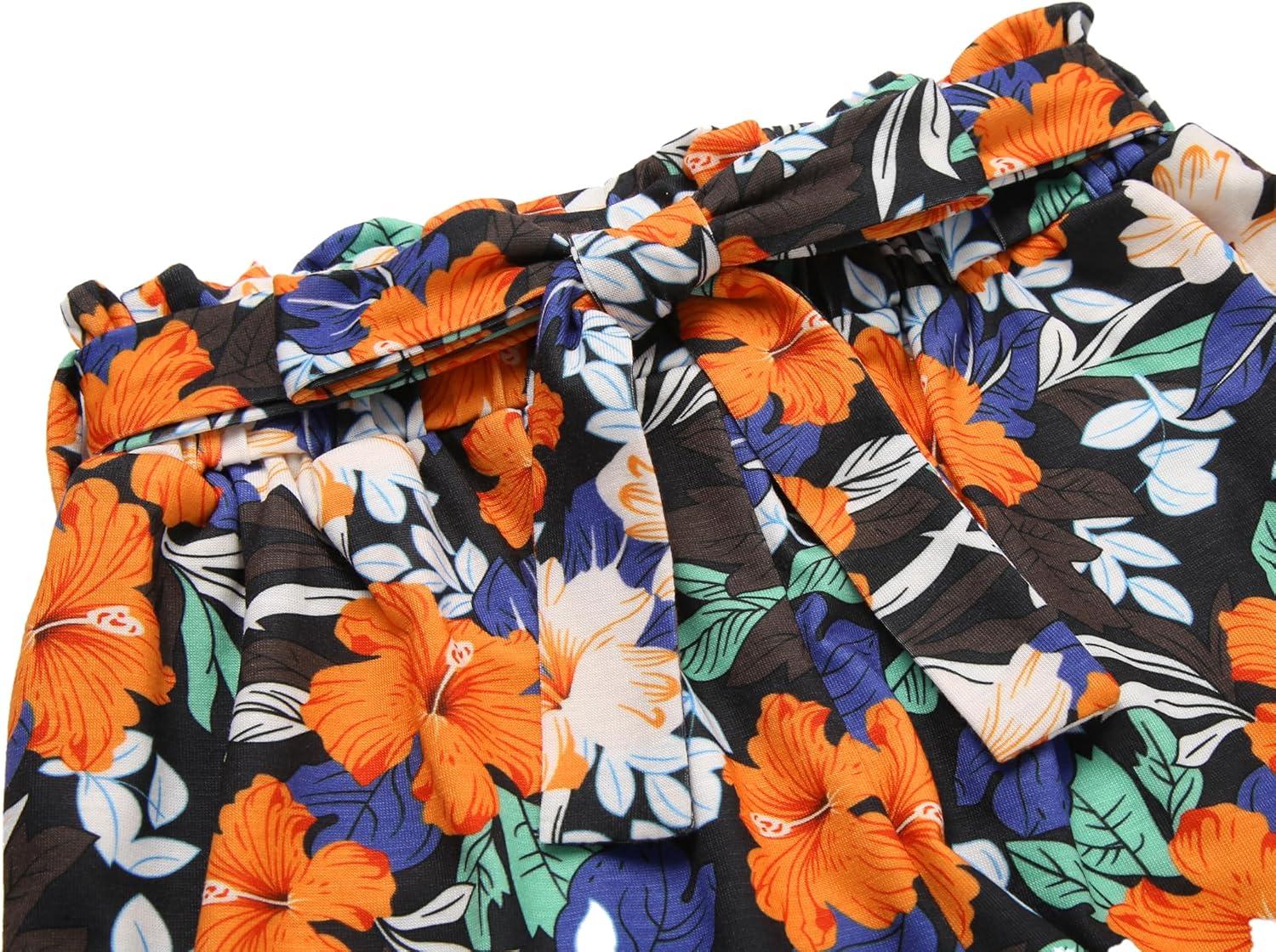 image:imageArshiner Toddler Girls Summer Outfits 2 Piece Set Knit Twist Puff Sleeve Top and High Waist Paper Bag Short with PocketsBlack Flower