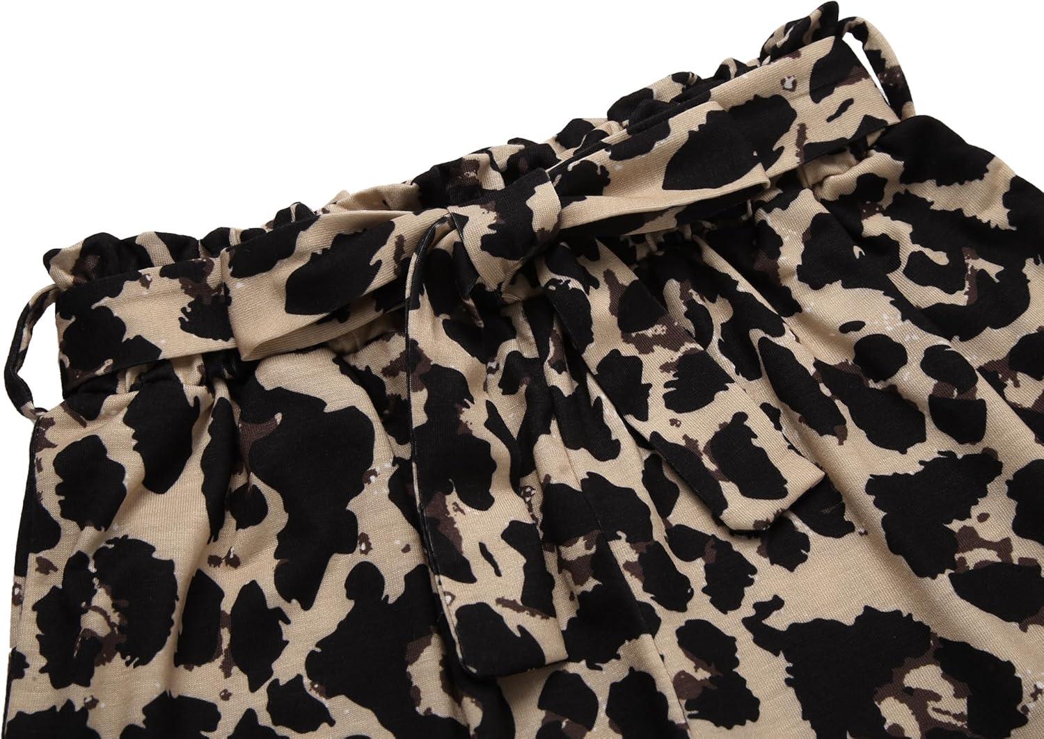 image:imageArshiner Toddler Girls Summer Outfits 2 Piece Set Knit Twist Puff Sleeve Top and High Waist Paper Bag Short with PocketsBlack Leopard