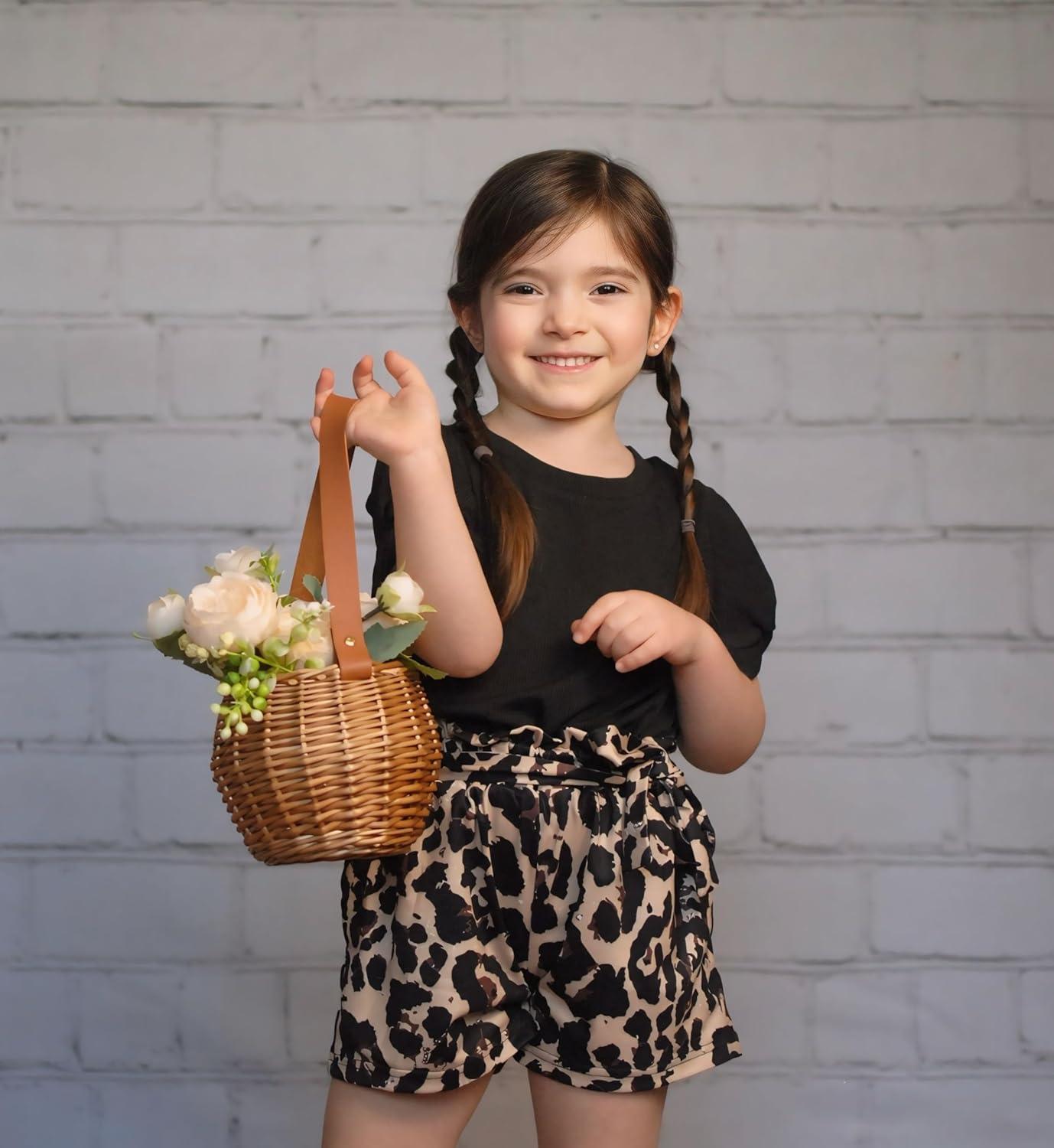 image:imageArshiner Toddler Girls Summer Outfits 2 Piece Set Knit Twist Puff Sleeve Top and High Waist Paper Bag Short with PocketsBlack Leopard