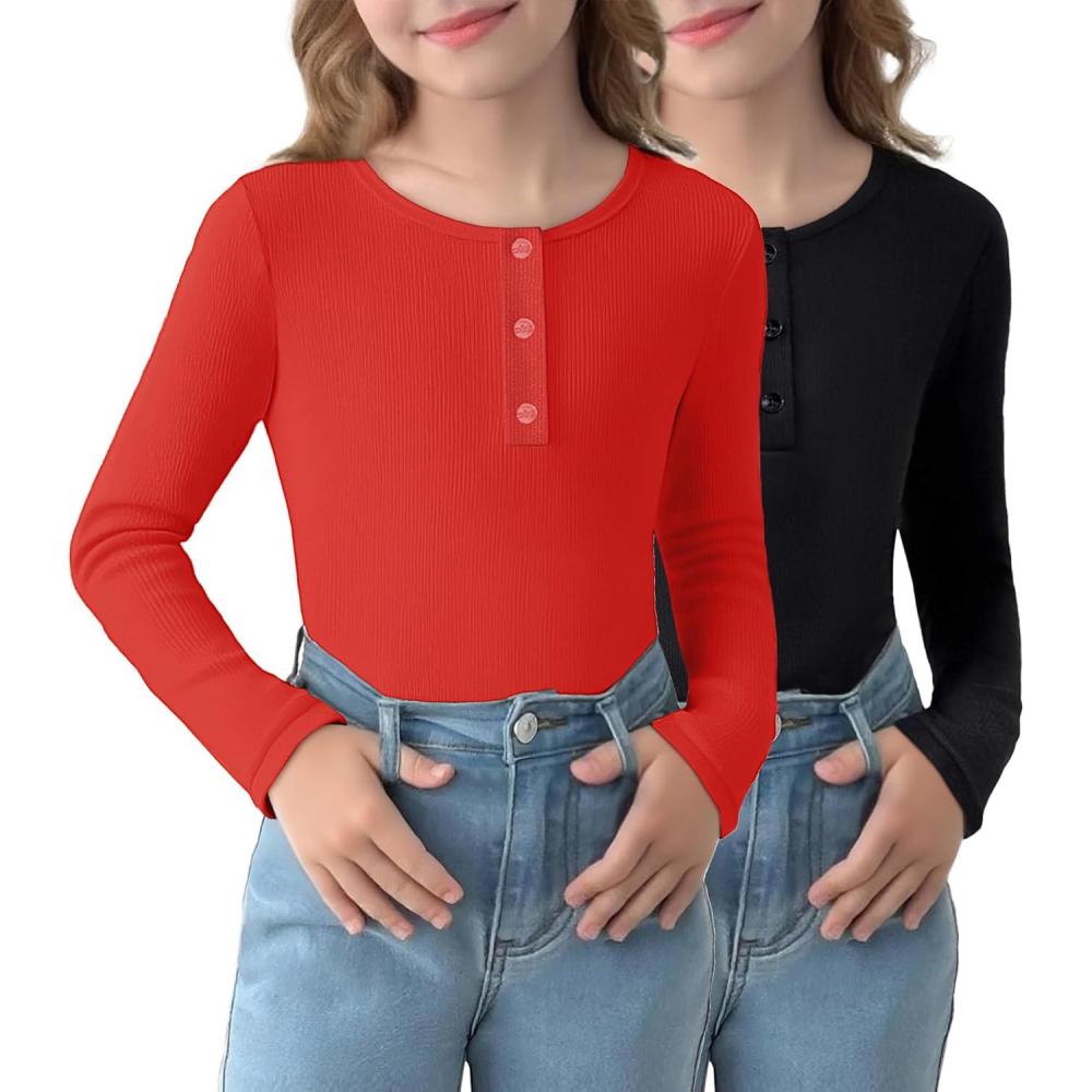 image:imageArshiner 2 Pack Girls Long Sleeve Henley T Shirts Button Down Slim Fit Tops Round Neck Ribbed Knit ShirtsRedBlack