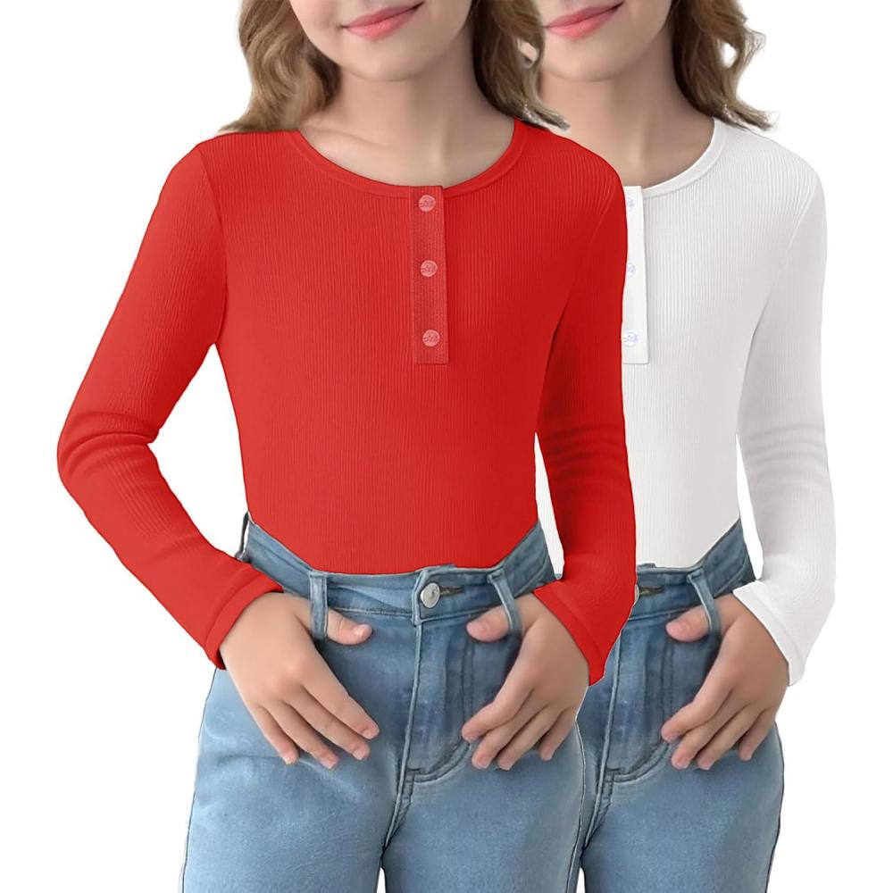 image:imageArshiner 2 Pack Girls Long Sleeve Henley T Shirts Button Down Slim Fit Tops Round Neck Ribbed Knit ShirtsRedWhite