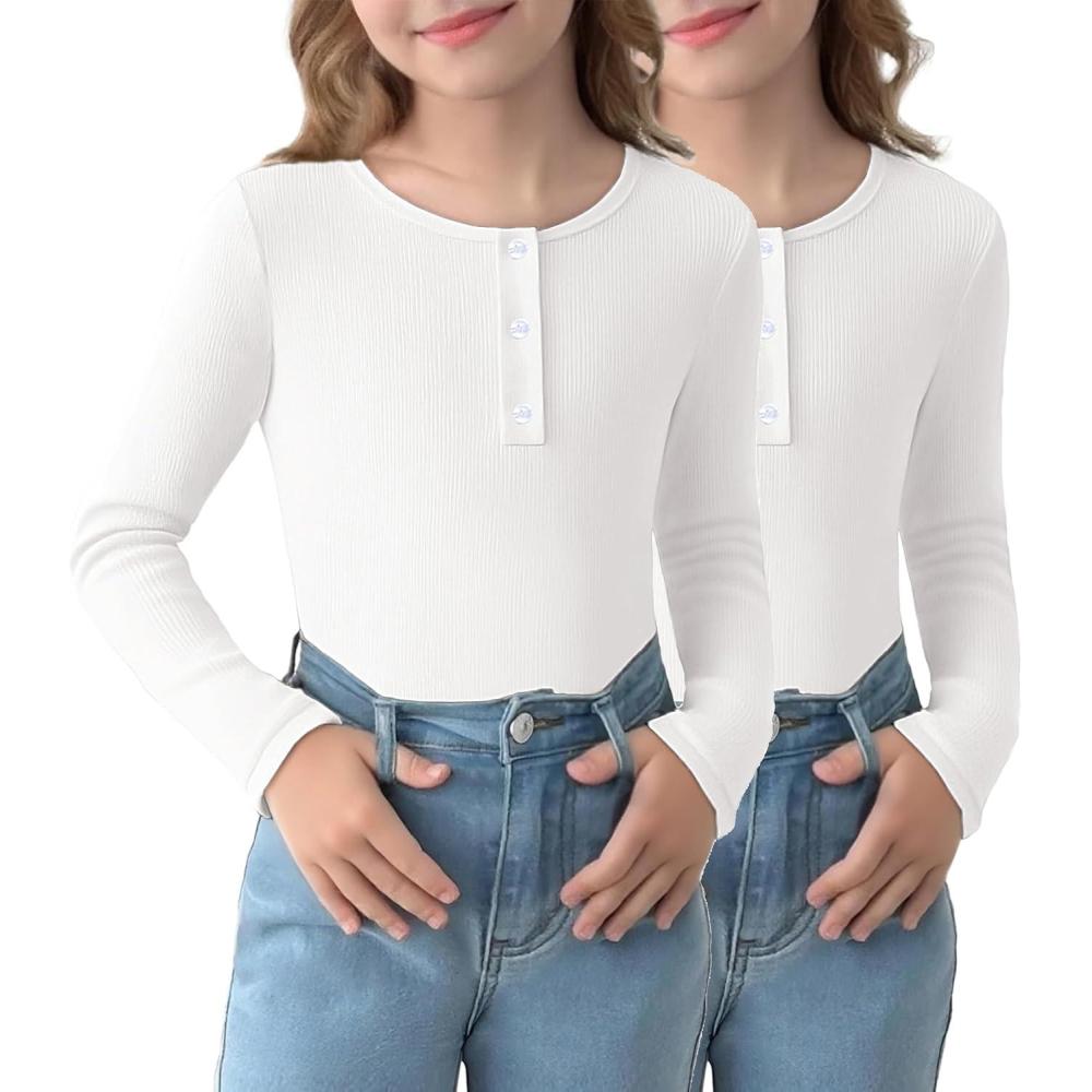 image:imageArshiner 2 Pack Girls Long Sleeve Henley T Shirts Button Down Slim Fit Tops Round Neck Ribbed Knit ShirtsWhiteWhite