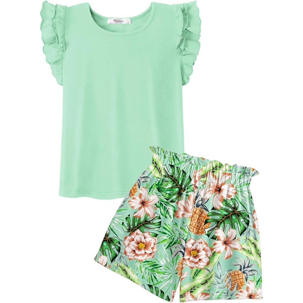 image:imageArshiner Girls 2 Piece Outfits Summer Clothes Ruffle Short Sleeve Shirts Top and High Waist Paper Bag Shorts Set with PocketsLight Greenfloral