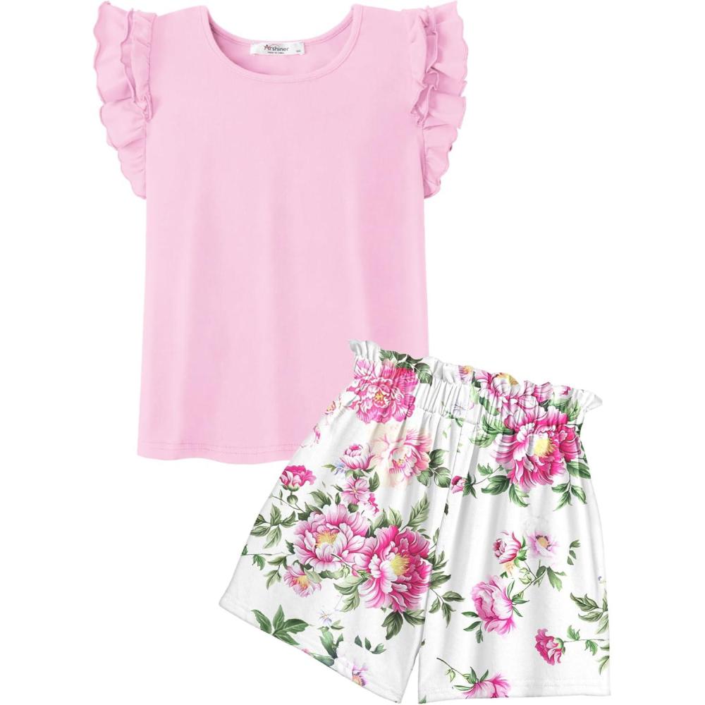 image:imageArshiner Girls 2 Piece Outfits Summer Clothes Ruffle Short Sleeve Shirts Top and High Waist Paper Bag Shorts Set with PocketsPinkfloral Print