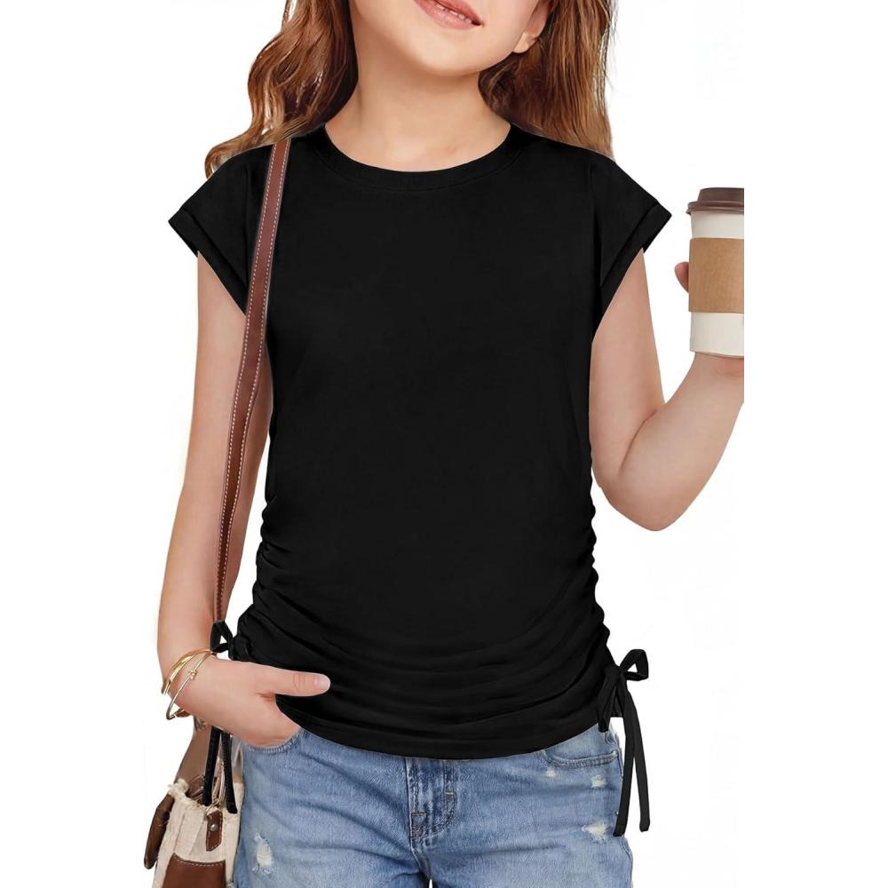 image:imageArshiner Girls Cap Sleeve T Shirts Ruched Knot Side Summer Crewneck Casual Tops Blouse TeeBlack