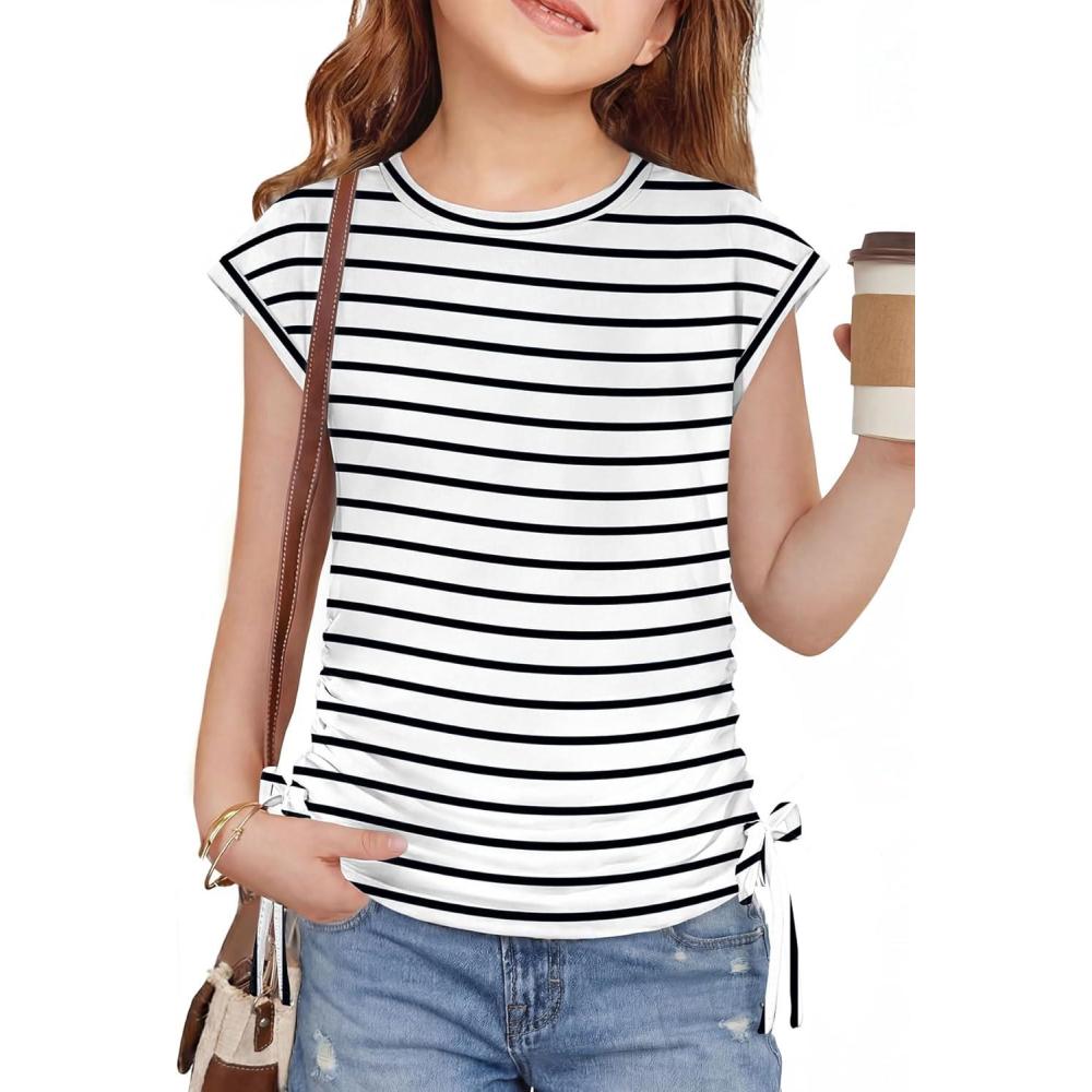 image:imageArshiner Girls Cap Sleeve T Shirts Ruched Knot Side Summer Crewneck Casual Tops Blouse TeeBlack Stripe