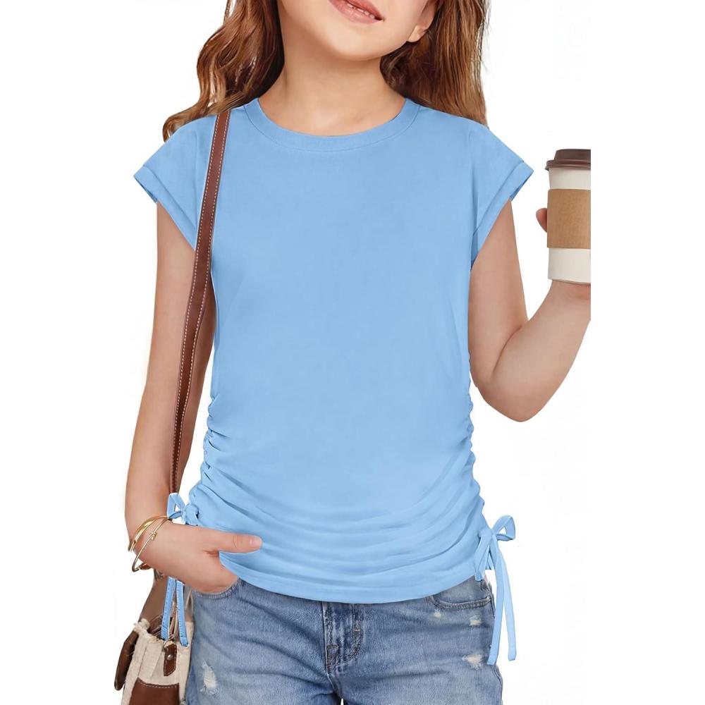 image:imageArshiner Girls Cap Sleeve T Shirts Ruched Knot Side Summer Crewneck Casual Tops Blouse TeeLight Blue