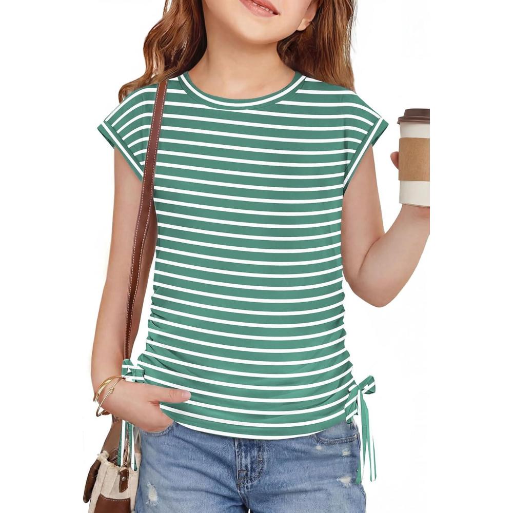 image:imageArshiner Girls Cap Sleeve T Shirts Ruched Knot Side Summer Crewneck Casual Tops Blouse TeeLight Green Stripe