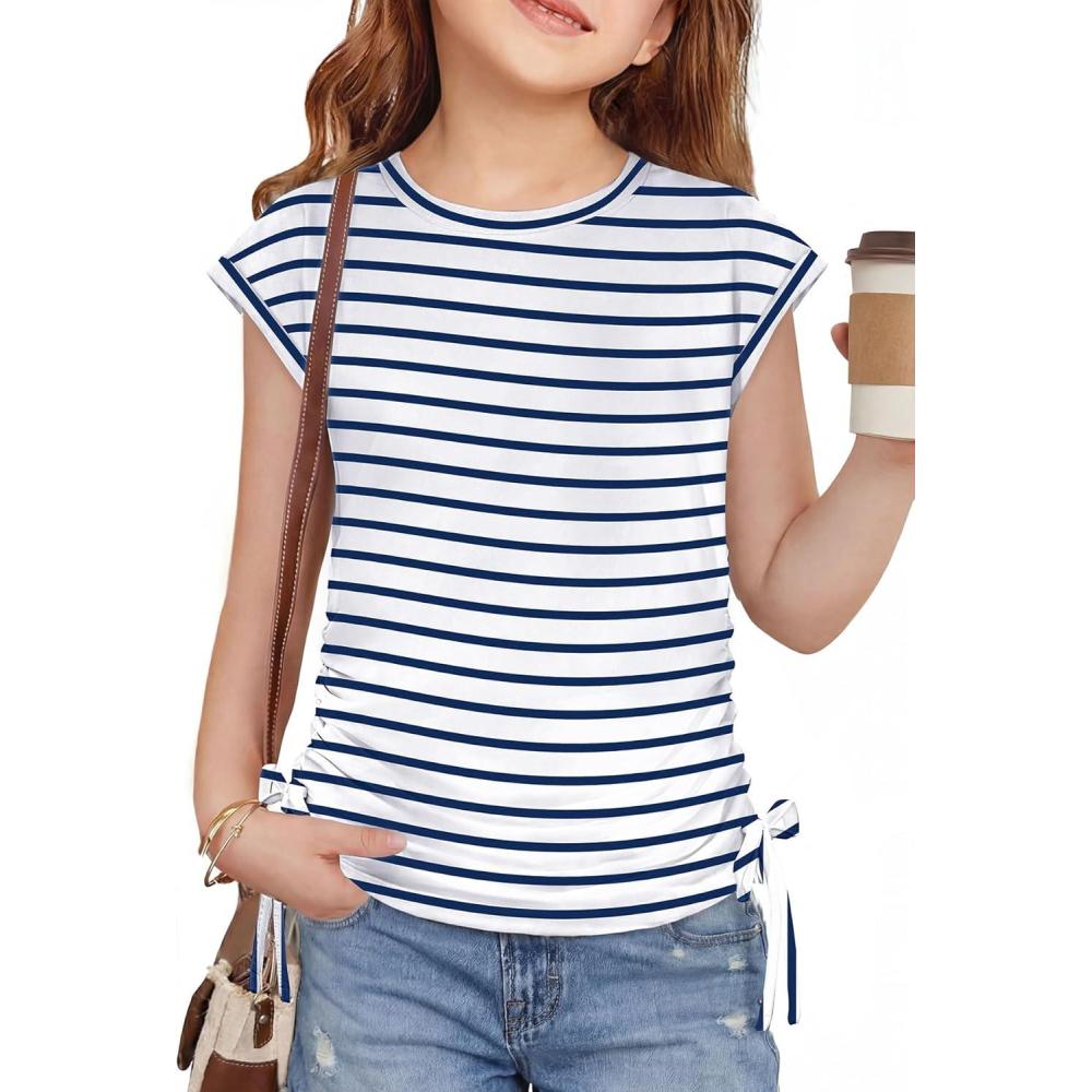 image:imageArshiner Girls Cap Sleeve T Shirts Ruched Knot Side Summer Crewneck Casual Tops Blouse TeeNavy Blue Stripe