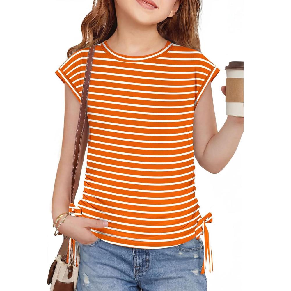 image:imageArshiner Girls Cap Sleeve T Shirts Ruched Knot Side Summer Crewneck Casual Tops Blouse TeeOrange Stripes
