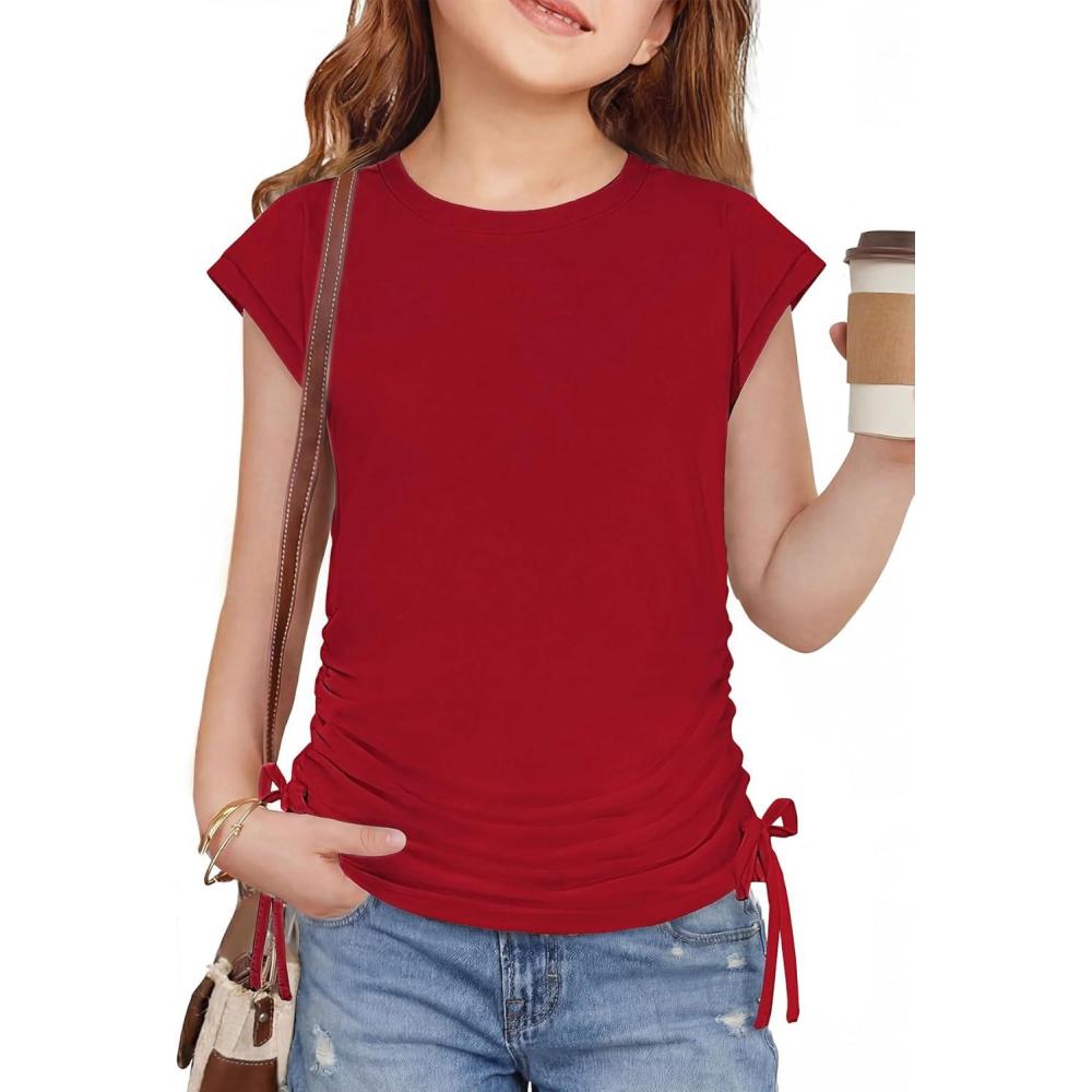 image:imageArshiner Girls Cap Sleeve T Shirts Ruched Knot Side Summer Crewneck Casual Tops Blouse TeeRed
