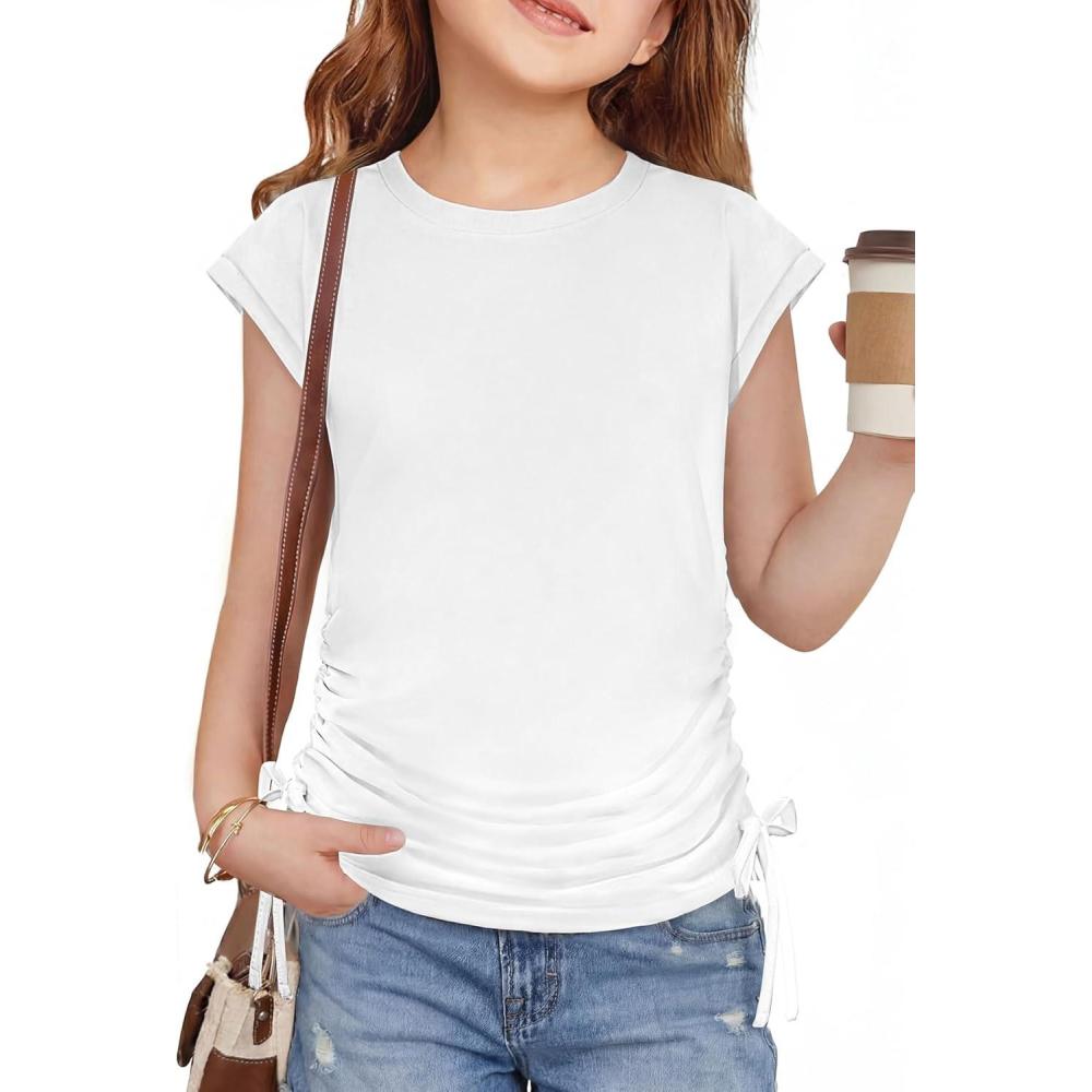 image:imageArshiner Girls Cap Sleeve T Shirts Ruched Knot Side Summer Crewneck Casual Tops Blouse TeeWhite