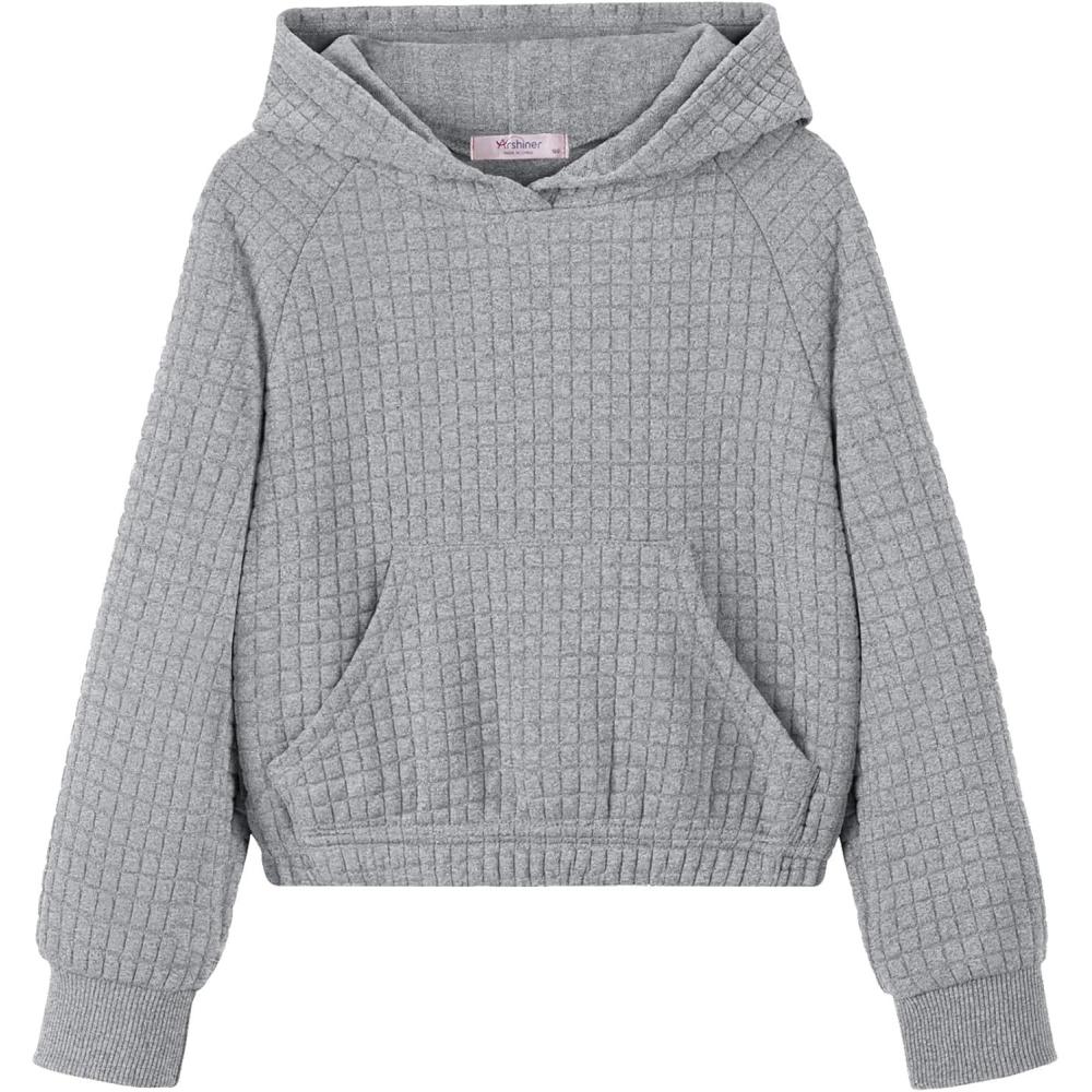 image:imageArshiner Girls Sweatshirt Teen Waffle Cropped Hoodies Casual Long Sleeve Cute Pullover TopsGrey