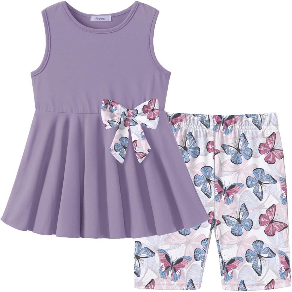 image:imageArshiner Toddler Girl Clothes 2 Piece Bowknot Sleeveless Top Dress and Leggings Shorts Set Kids Summer OutfitsLight Purple Butterfly