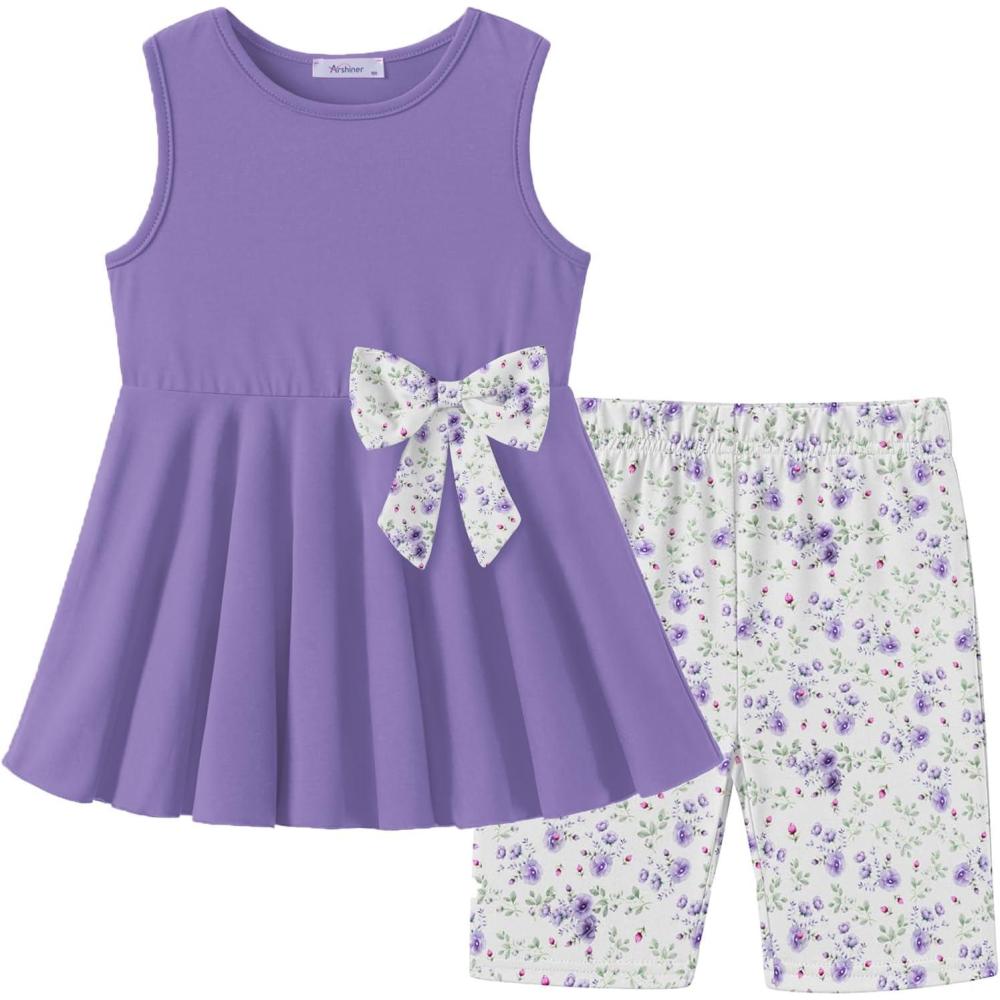 image:imageArshiner Toddler Girl Clothes 2 Piece Bowknot Sleeveless Top Dress and Leggings Shorts Set Kids Summer OutfitsLilac Flower