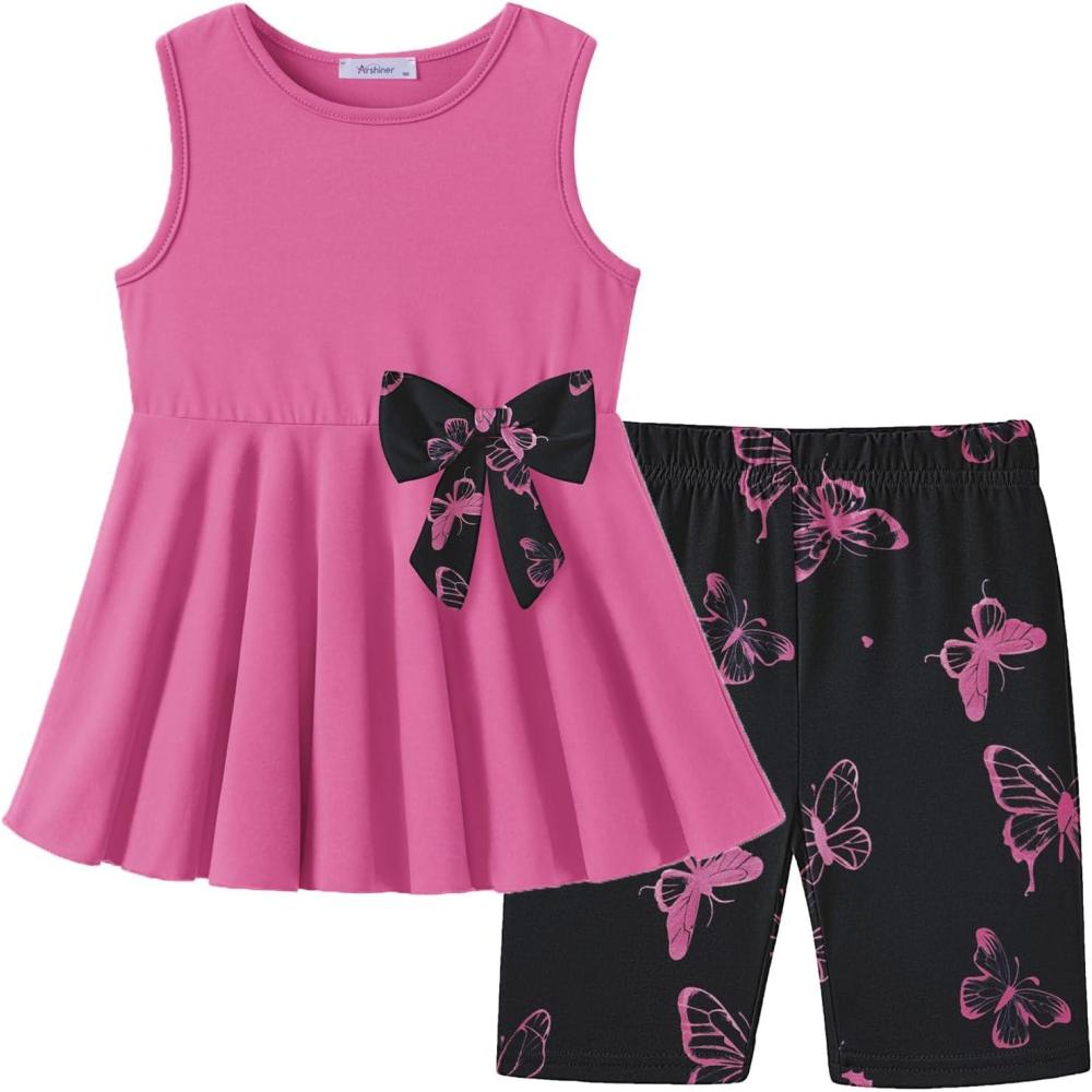 image:imageArshiner Toddler Girl Clothes 2 Piece Bowknot Sleeveless Top Dress and Leggings Shorts Set Kids Summer OutfitsPeach Pink Butterfly