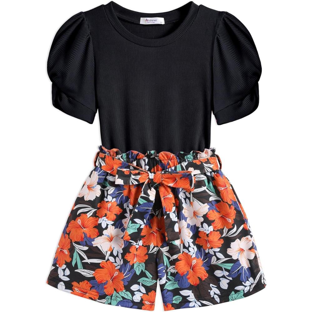 image:imageArshiner Toddler Girls Summer Outfits 2 Piece Set Knit Twist Puff Sleeve Top and High Waist Paper Bag Short with PocketsBlack Flower