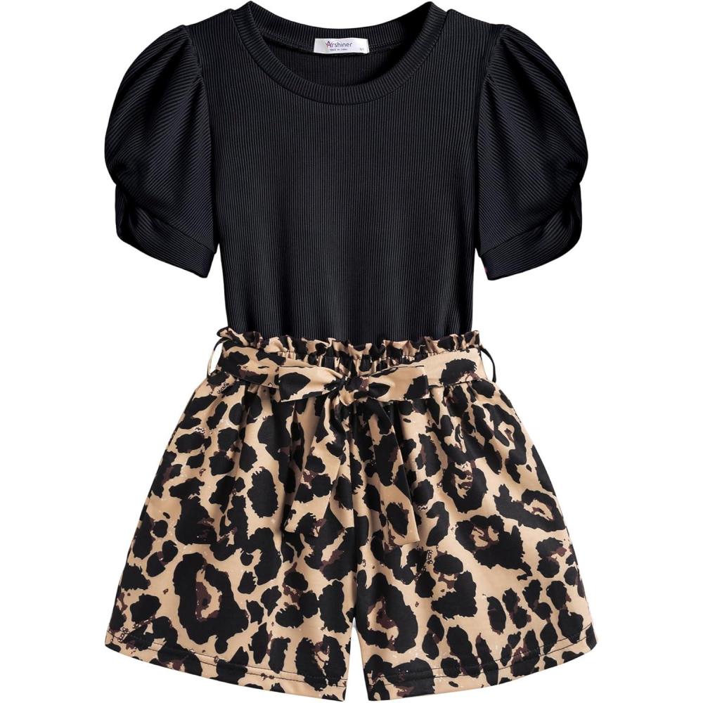 image:imageArshiner Toddler Girls Summer Outfits 2 Piece Set Knit Twist Puff Sleeve Top and High Waist Paper Bag Short with PocketsBlack Leopard