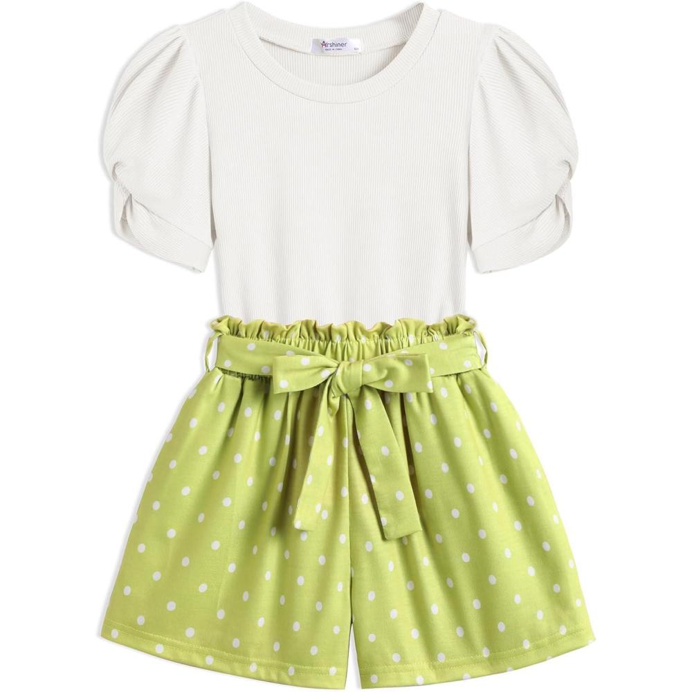 image:imageArshiner Toddler Girls Summer Outfits 2 Piece Set Knit Twist Puff Sleeve Top and High Waist Paper Bag Short with PocketsWhite Green Dots
