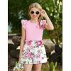 Arshiner Girls 2 Piece Outfits Summer Clothes Ruffle Short Sleeve Shirts Top and High Waist Paper Bag Shorts Set with Pockets(Pink-floral Print)