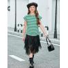 Arshiner Girls Cap Sleeve T Shirts Ruched Knot Side Summer Crewneck Casual Tops Blouse Tee(Light Green Stripe)