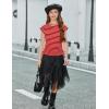 Arshiner Girls Cap Sleeve T Shirts Ruched Knot Side Summer Crewneck Casual Tops Blouse Tee(Red Stripe)