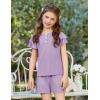 Arshiner Girls Summer Outfits 2 Piece Sets Ruffle Short Sleeve Button Down Shirts and Shorts Set Kids Clothes with Pockets(Lavender)