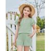 Arshiner Girls Summer Outfits 2 Piece Sets Ruffle Short Sleeve Button Down Shirts and Shorts Set Kids Clothes with Pockets(Light Green)