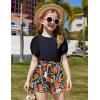 Arshiner Toddler Girls Summer Outfits 2 Piece Set Knit Twist Puff Sleeve Top and High Waist Paper Bag Short with Pockets(Black Flower)