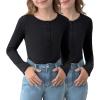 Arshiner 2 Pack Girls Long Sleeve Henley T Shirts Button Down Slim Fit Tops Round Neck Ribbed Knit Shirts(Black/Black)