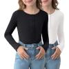 Arshiner 2 Pack Girls Long Sleeve Henley T Shirts Button Down Slim Fit Tops Round Neck Ribbed Knit Shirts(Black/White)