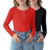 Arshiner 2 Pack Girls Long Sleeve Henley T Shirts Button Down Slim Fit Tops Round Neck Ribbed Knit Shirts(Red/Black)