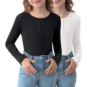 Arshiner 2 Pack Girls Long Sleeve Henley T Shirts Button Down Slim Fit Tops Round Neck Ribbed Knit Shirts(Black/White)