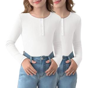 Arshiner 2 Pack Girls Long Sleeve Henley T Shirts Button Down Slim Fit Tops Round Neck Ribbed Knit Shirts(White/White)
