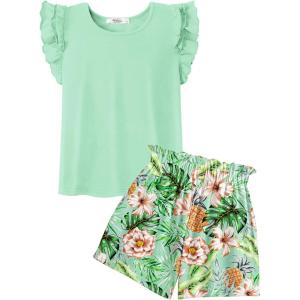 Arshiner Girls 2 Piece Outfits Summer Clothes Ruffle Short Sleeve Shirts Top and High Waist Paper Bag Shorts Set with Pockets(Light Green-floral)