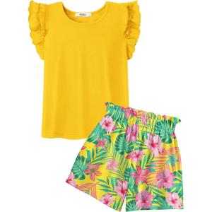 Arshiner Girls 2 Piece Outfits Summer Clothes Ruffle Short Sleeve Shirts Top and High Waist Paper Bag Shorts Set with Pockets(Yellow-floral Print)