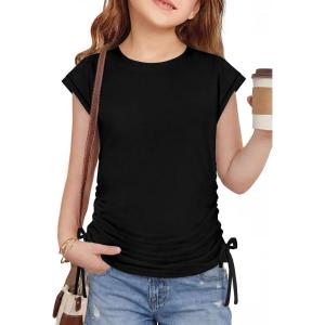Arshiner Girls Cap Sleeve T Shirts Ruched Knot Side Summer Crewneck Casual Tops Blouse Tee(Black)