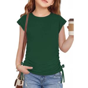 Arshiner Girls Cap Sleeve T Shirts Ruched Knot Side Summer Crewneck Casual Tops Blouse Tee(Green)