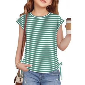 Arshiner Girls Cap Sleeve T Shirts Ruched Knot Side Summer Crewneck Casual Tops Blouse Tee(Light Green Stripe)