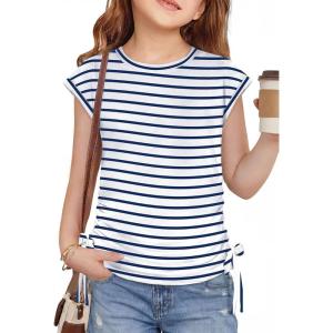 Arshiner Girls Cap Sleeve T Shirts Ruched Knot Side Summer Crewneck Casual Tops Blouse Tee(Navy Blue Stripe)
