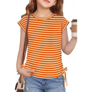 Arshiner Girls Cap Sleeve T Shirts Ruched Knot Side Summer Crewneck Casual Tops Blouse Tee(Orange Stripes)