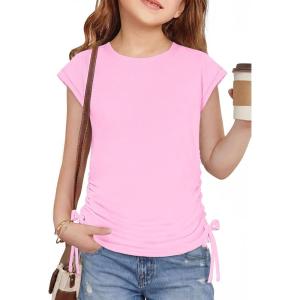 Arshiner Girls Cap Sleeve T Shirts Ruched Knot Side Summer Crewneck Casual Tops Blouse Tee(Pink)